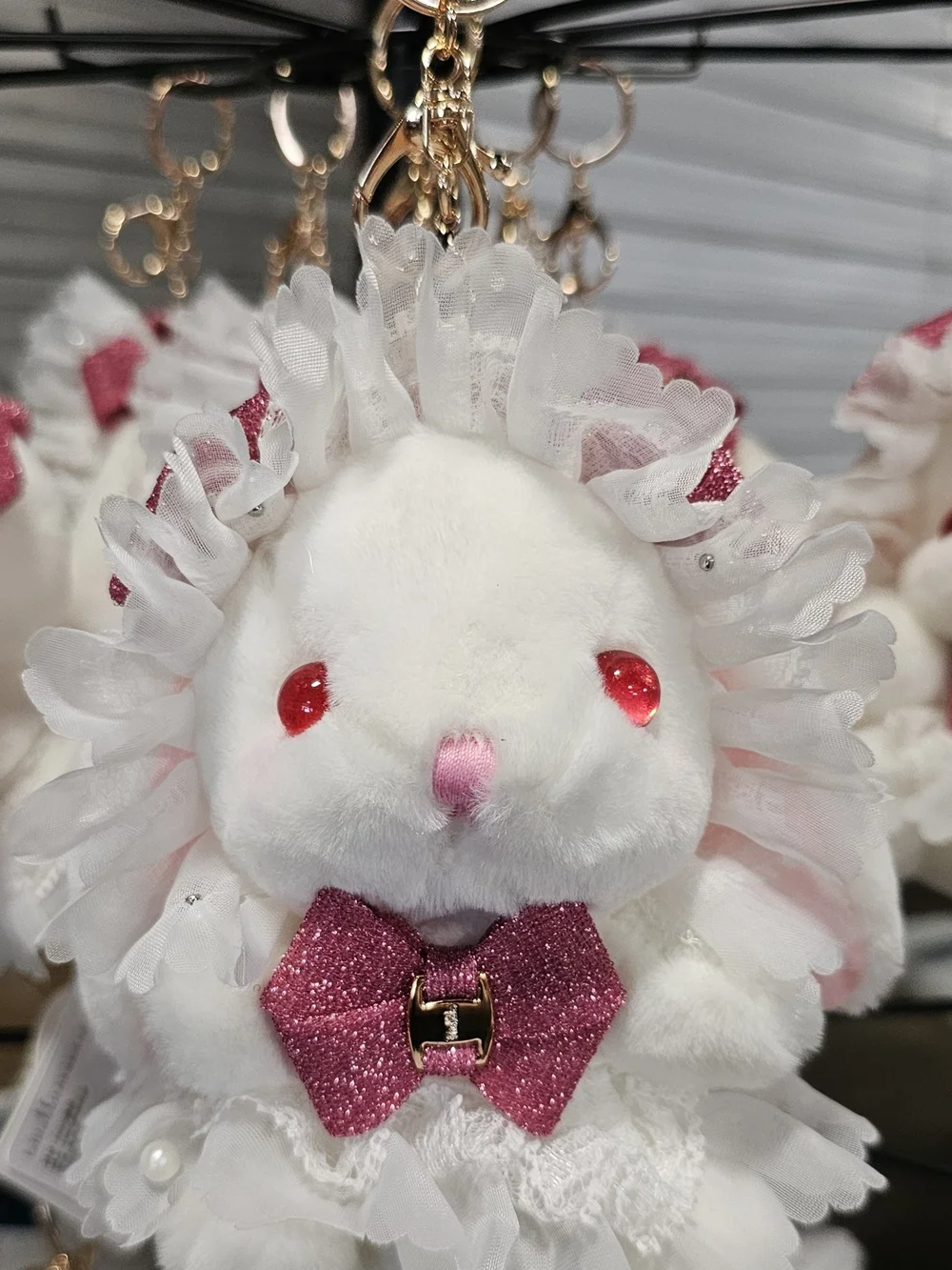 Pink & White Plush Bunny Keychain with Glitter Bow
